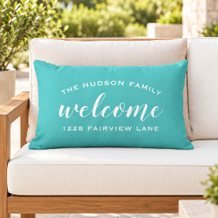 Aqua Script Welcome Monogram Porch Lumbar Pillow