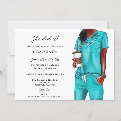 Aqua Scrubs Nurse Photo She Did It Graduation Invitation