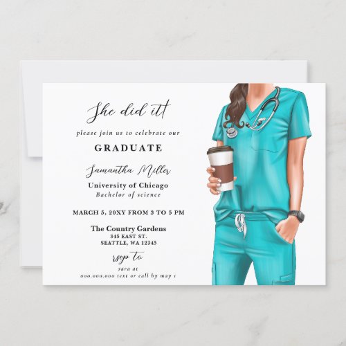 Aqua Scrubs Nurse Photo She Did It Graduation Invitation