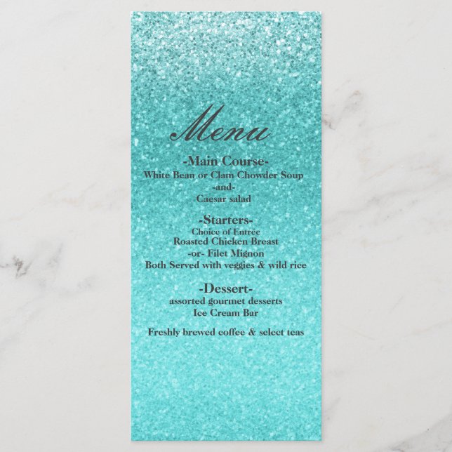 Aqua Sea Blue Glitter Sparkle Glam Party Menu (Front)