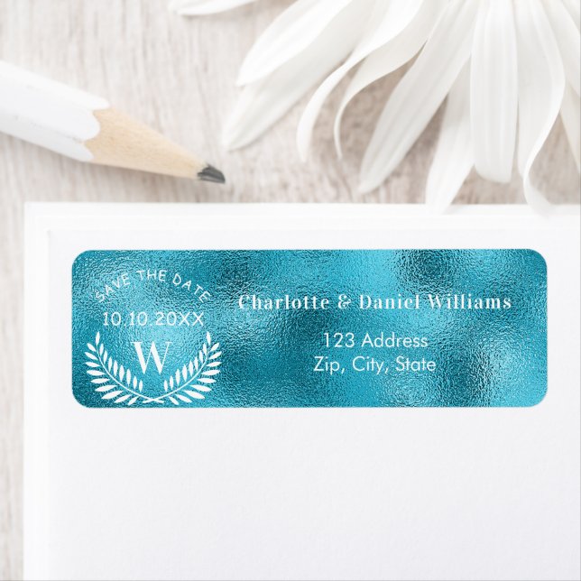 Aqua sea blue save date wedding return address label (Insitu)