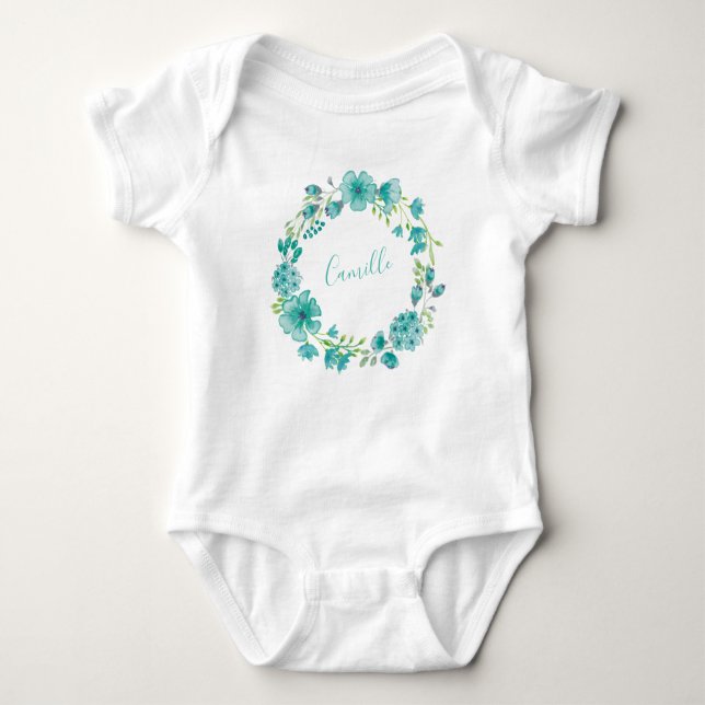 Aqua Sea Green Floral Wreath Personalized  Baby Bodysuit (Front)