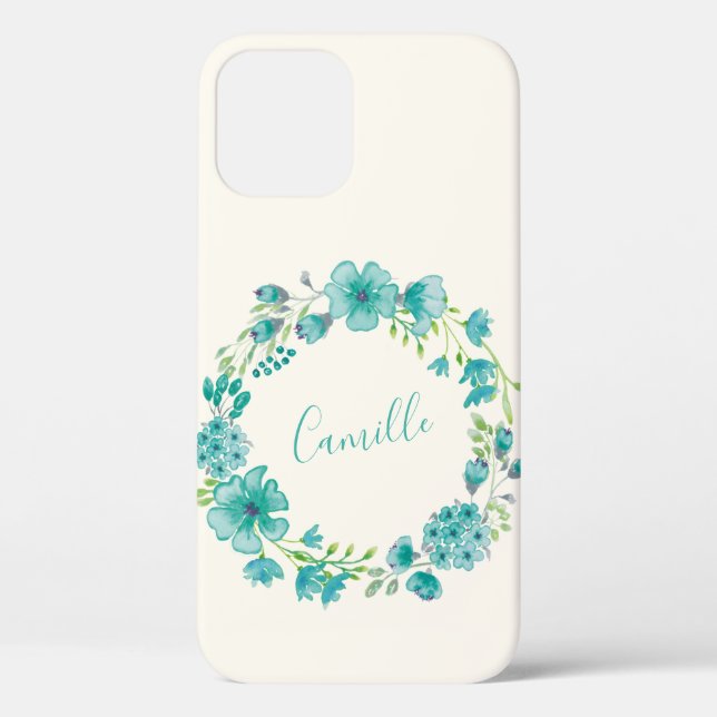 Aqua Sea Green Floral Wreath Personalized Case-Mate iPhone Case (Back)