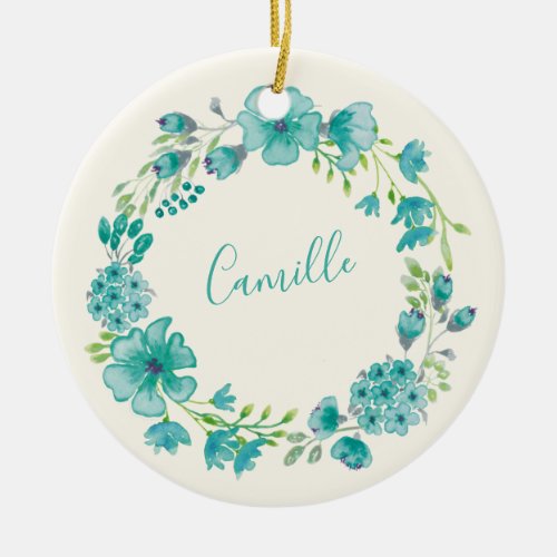 Aqua Sea Green Floral Wreath Personalized   Ceramic Ornament