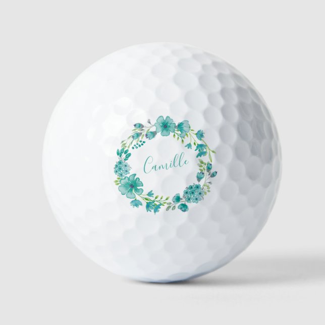 Aqua Sea Green Floral Wreath Personalized Golf Balls (Front)