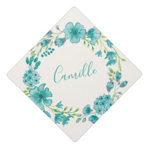 Aqua Sea Green Floral Wreath Personalized Graduation Cap Topper