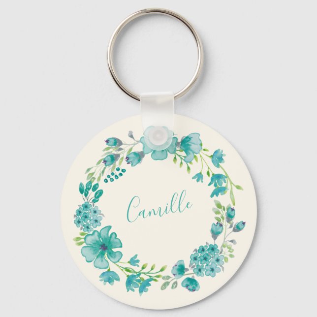 Aqua Sea Green Floral Wreath Personalized  Keychain (Front)