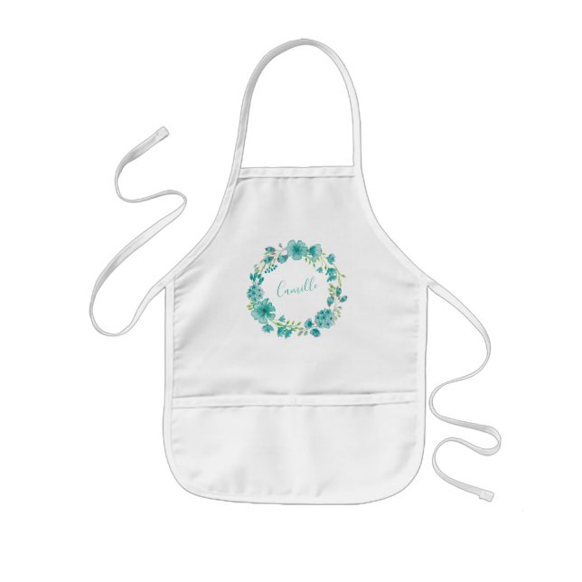 Aqua Sea Green Floral Wreath Personalized  Kids' Apron (Front)