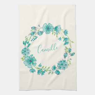 Aqua Sea Green Floral Wreath Personalized Kitchen Towel