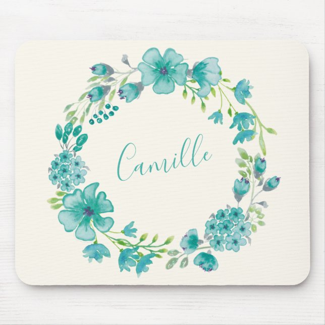 Aqua Sea Green Floral Wreath Personalized  Mouse Pad (Front)