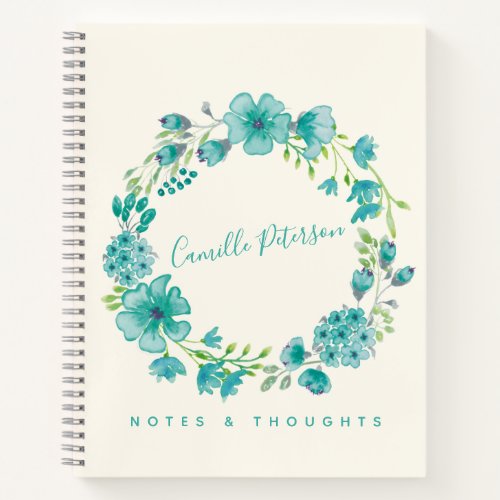 Aqua Sea Green Floral Wreath Personalized  Notebook