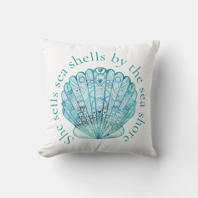 Aqua Sea Shell Throw Pillow (Front)