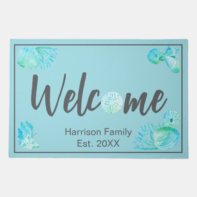 Aqua Sea Shell Welcome Custom Family Established Doormat (Front)