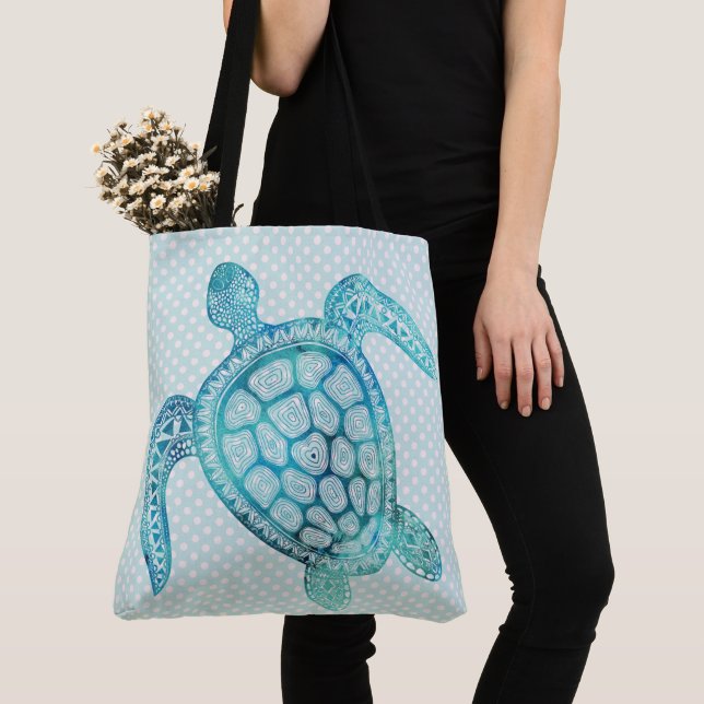 Aqua Sea Turtle on Polka Dots Tote Bag (Close Up)