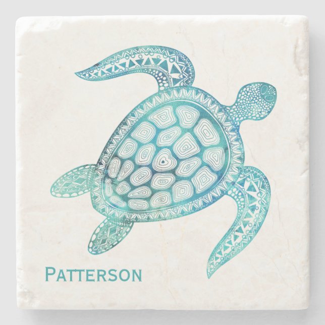 Aqua Sea Turtle Personalized Stone Coaster (Front)