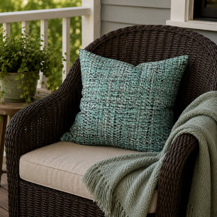 Aqua Seafoam Blue Green Gray Boucle Woven Pattern Outdoor Pillow