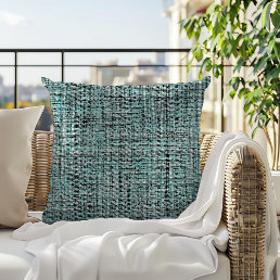 Aqua Seafoam Blue Green Gray Boucle Woven Pattern Outdoor Pillow