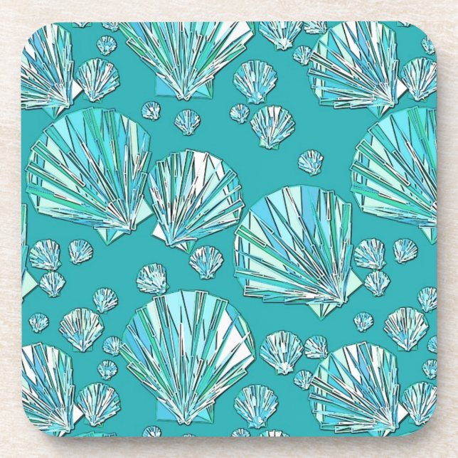 Aqua, seafoam sea shells, turquoise background drink coaster (Front)