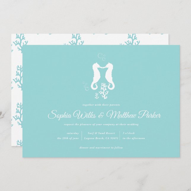 Aqua Seahorse Beach Wedding Invitation (Front/Back)