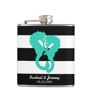 Aqua Seahorses on Stripes Couple's Personalized Flask