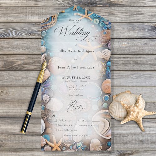 Aqua Seashell Rustic Beach Dinner All In One Invitation