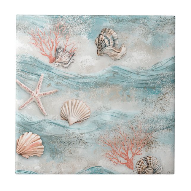 Aqua Seaside Coral Beach Pattern Ceramic Tile (Front)