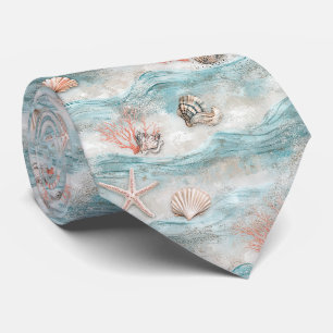 Aqua Seaside Coral Beach Pattern Neck Tie