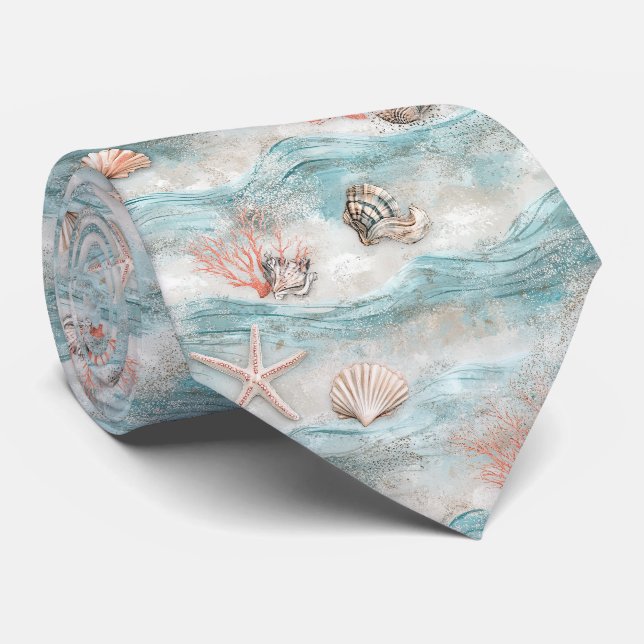 Aqua Seaside Coral Beach Pattern Neck Tie (Rolled)