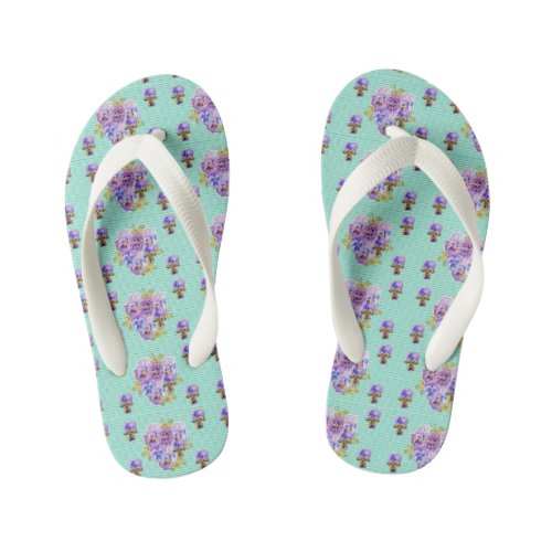 Aqua Shabby Chic Pansy floral Flowers Beach Thongs Kids Flip Flops