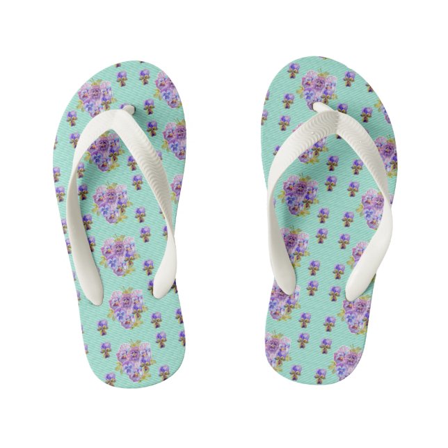 Aqua Shabby Chic Pansy floral Flowers Beach Thongs Kid's Flip Flops (Footbed)