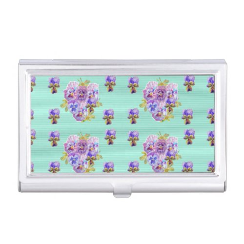 Aqua Shabby Pansy floral Business Card Case