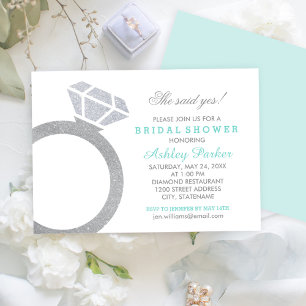 Aqua She Said Yes Diamond Ring Wedding Shower Invitation