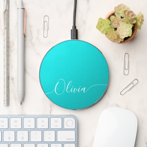 Aqua Shimmer Elegant Calligraphy Script Name Wireless Charger