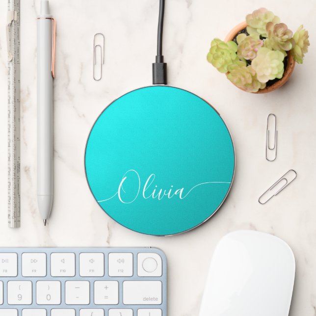 Aqua Shimmer Elegant Calligraphy Script Name Wireless Charger (Desk)