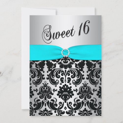 Aqua, Silver, and Black Damask Sweet 16 Invitation