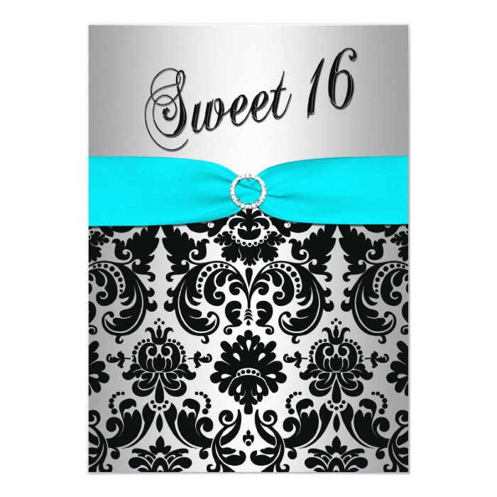 Aqua Silver And Black Damask Sweet 16 Invitation Zazzle