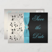 Aqua, Silver, and Black Floral Save the Date Announcement Postcard (Front/Back)