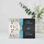 Aqua, Silver, and Black Floral Save the Date Announcement Postcard (Standing Front)