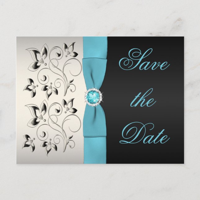 Aqua, Silver, and Black Floral Save the Date Announcement Postcard (Front)