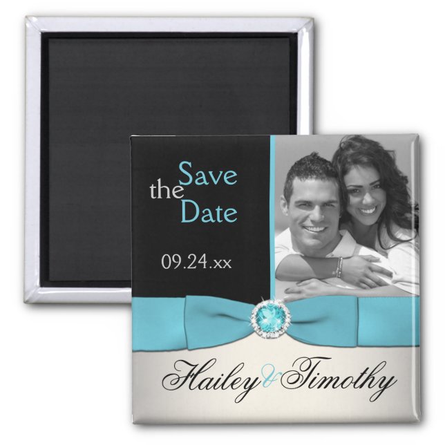 Aqua, Silver, and Black Save the Date Photo Magnet (Front)