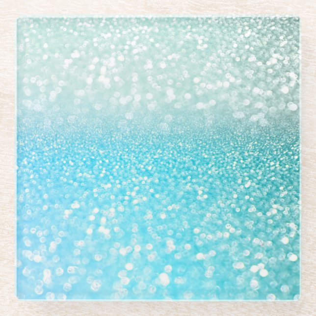Aqua Silver Beach Blue Summer Glitter Gradient Glass Coaster (Front)