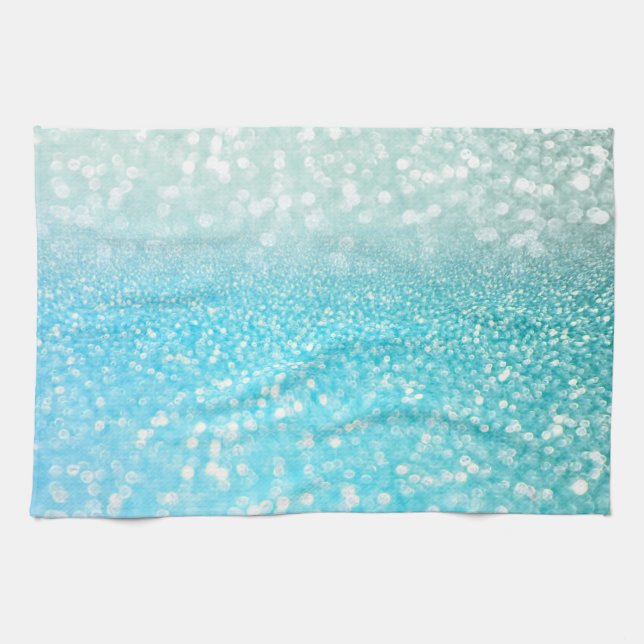 Aqua Silver Beach Blue Summer Glitter Gradient Kitchen Towel (Horizontal)