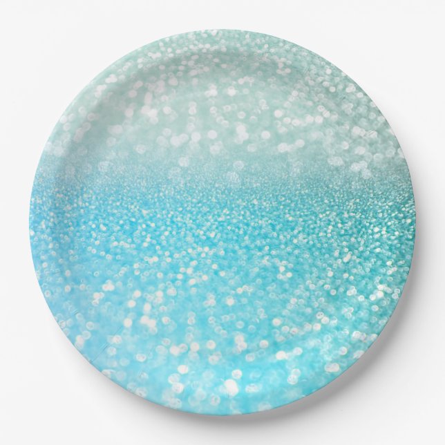 Aqua Silver Beach Blue Summer Glitter Gradient Paper Plates (Front)