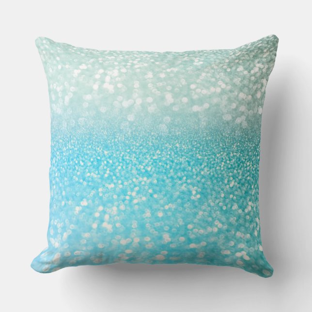 Aqua Silver Beach Blue Summer Glitter Gradient Throw Pillow (Front)