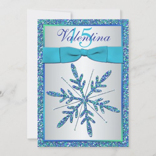 Aqua Silver Blue Snowflake Quinceanera Invite