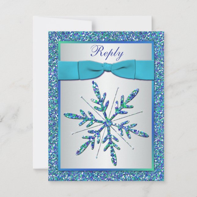 Aqua, Silver, Blue Snowflake RSVP Card (Front)