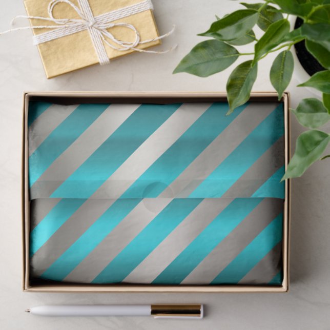 Aqua & Silver Diagonal Stripe Christmas  Tissue Paper (Gift)