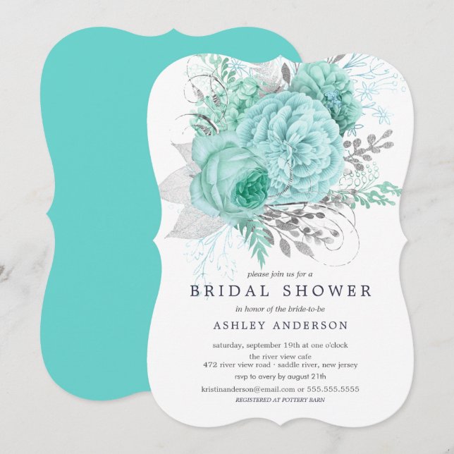 Aqua & Silver Floral Bridal Shower Invitation (Front/Back)