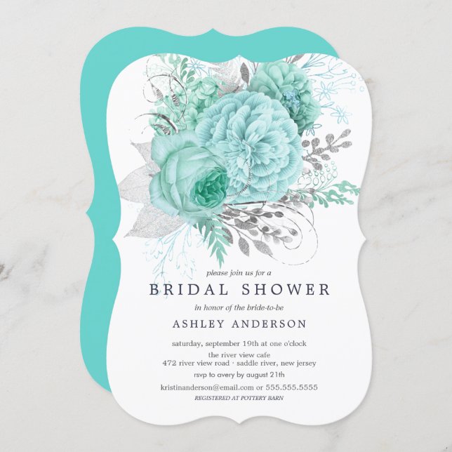 Aqua & Silver Floral Bridal Shower Invitation (Front/Back)
