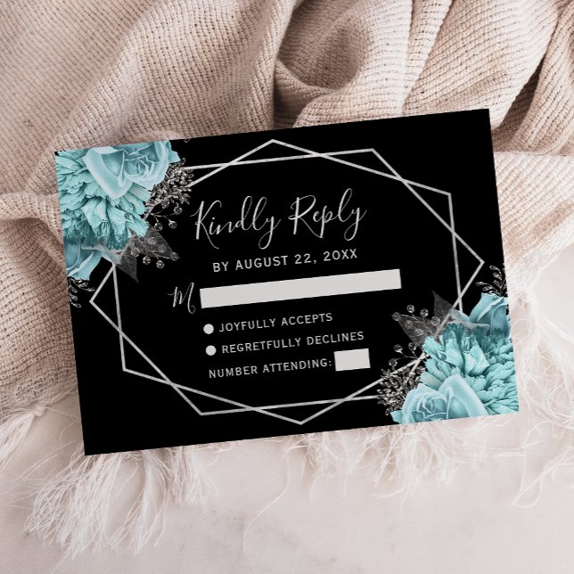 Aqua Silver Floral Geometric Black RSVP Card (Creator Uploaded)